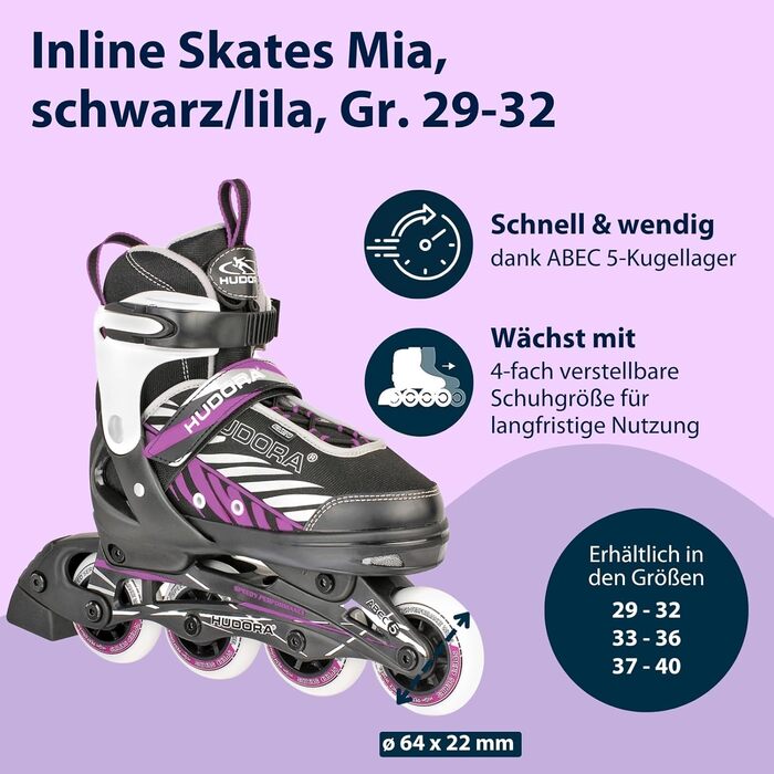 Інлайнери Hudora Mia/Leon – ролики для дітей та дорослих, чорно-фіолетові, розмір 29-32, регульовані