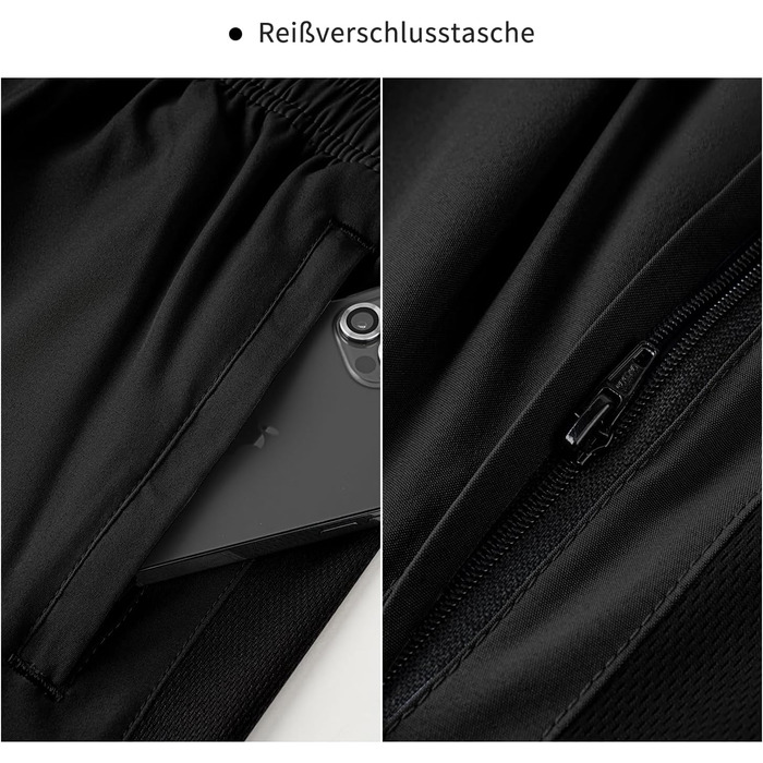 Шорти спортивні чоловічі HMIYA, чорні, швидковисихаючі з кишенею на блискавці