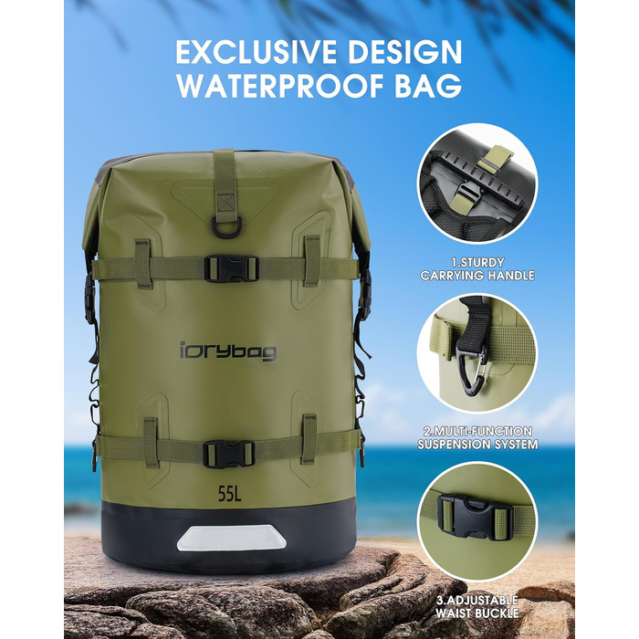 Водонепроникний рюкзак IDRYBAG 55L для подорожей, каякінгу, плавання та paddle-boarding, зелений