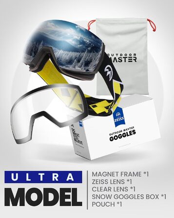 Гірськолижні окуляри OutdoorMaster Ultra з лінзами ZEISS, магнітні змінні лінзи (Срібляста 17% + Прозора), протизапотівання, OTG для сноуборду