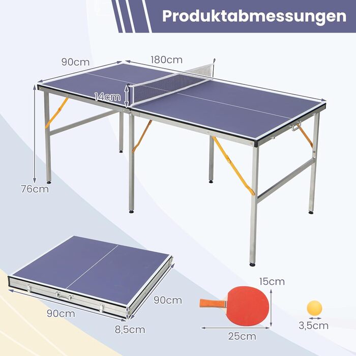 Стіл для пінг-понгу COSTWAY Mini, складний, з сіткою та ракетками, 2 ракетки та 3 м'ячі, для гри в приміщенні та на вулиці, 180 x 90 x 76 см