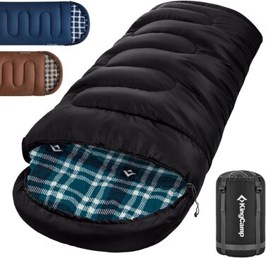 Сплячий мішок KingCamp Flannel для дорослих, 4 сезони, ультралегкий, бавовна, теплий, ковдровий, водонепроникний, для кемпінгу та повсякденного використання, чорний, L, блискавка