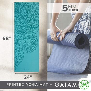 Йога мат Gaiam Premium 5 мм – нековзна тренувальна та фітнес-мат для йоги, пілатесу та тренувань на підлозі (172,7 x 61 x 5 мм, Paisley Frost)