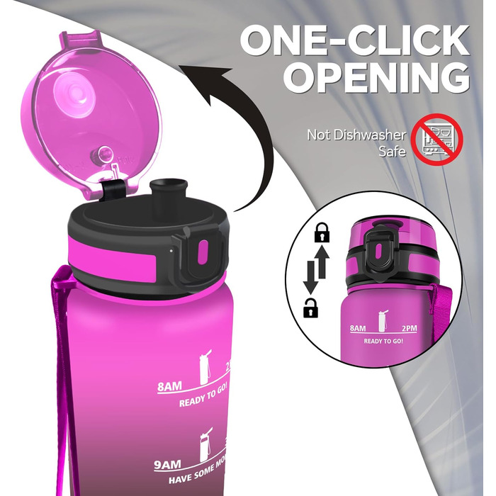 Спортивна пляшка для води 1 л, витікання, з маркуванням часу, легка, для велосипеда, школи, офісу, фітнесу (1000 мл, фіолетово-чорна)