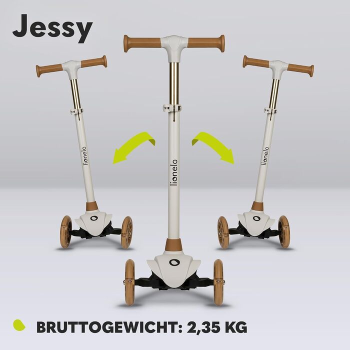 Дитячий триколісний самокат LIONELO Jessy Premium з LED-підсвіткою коліс, регульованою висотою та протиковзкою платформою, коричневий (до 50 кг, для дітей від 3 років)
