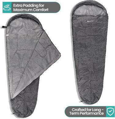 Спальний мішок Mumienschlafsack для дорослих - легкий, компактний, водонепроникний, з капюшоном, 220x85 см - теплий, пральний, для кемпінгу, піших прогулянок, подорожей (сірий)