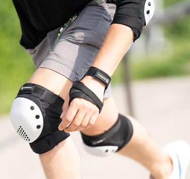 Захисний комплект SKATEWIZ для роликів і скейтборду — наколінники, налокітники, захист на зап'ястя для дітей та дорослих, 6 предметів, розмір M/L, чорний/білий