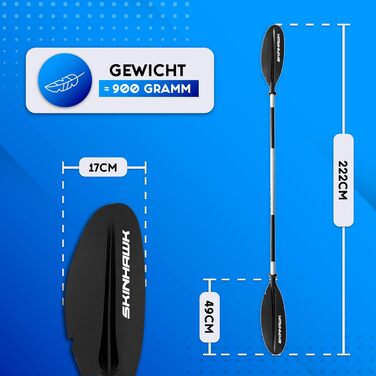 Алюмінієве весло Skinhawk для каяка 222 см, легке, регульовані лопаті, для каякінгу та каное
