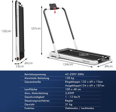 Бігова доріжка COSTWAY 2-в-1, складана, 2,25 к.с., з APP, Bluetooth, пультом ДУ, 1-12 км/год, для дому, біла