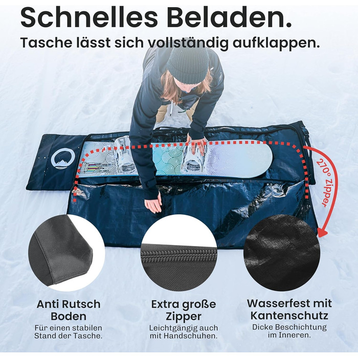 Чохол для сноуборду Otaro | Регульована довжина 140–180 см | Водонепроникний та з підкладкою | Також для вейкборду, лиж, 2 пар лиж | Чорний