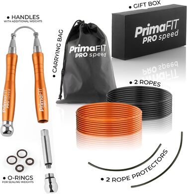 PrimaFIT Стрибкове канат для фітнесу та боксу: 3м, регульований, з вагами, 2 підшипники, антиковзні ручки, для MMA, Crossfit, та фітнесу (Помаранчевий)