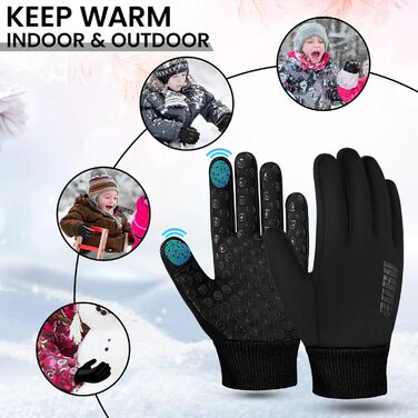 Водонепроникні дитячі велосипедні рукавички для хлопчиків та дівчаток, рукавички з підтримкою сенсорного екрану для дітей 4-12 років, неслизькі та теплі, спортивні рукавички Softshell для дітей (Large [8-10], Чорний)