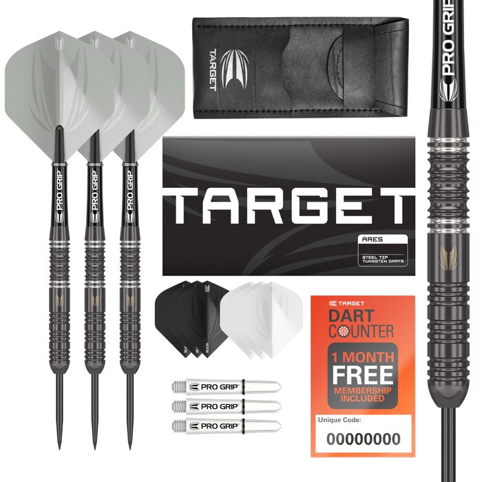 Дарти Target Darts Ares 23g (22/24g) Wolfram: Набір сталевих дротиків з шафтами Pro Grip та оперенням Ultra + гаманець та додаток для рахунку