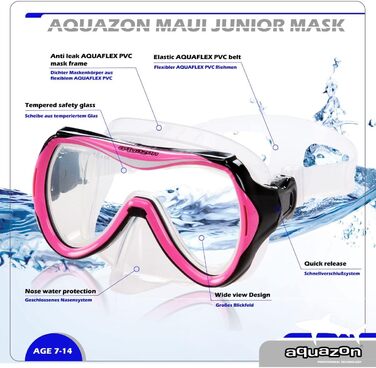 Дитяча маска для плавання AQUAZON Maui, загартоване скло, силіконова, 7-12 років, рожева