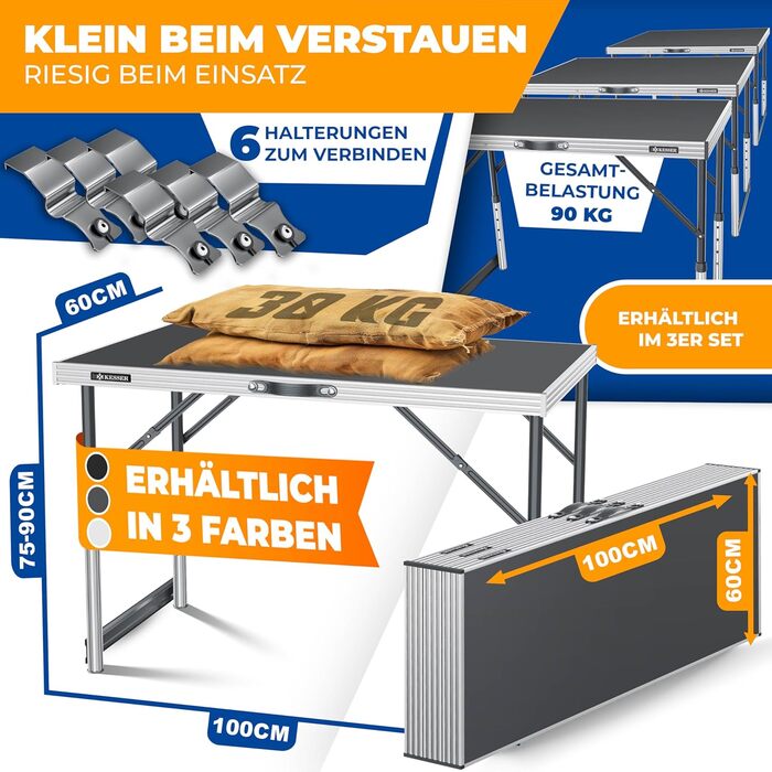 KESSER® Багатофункціональний стіл Profi 3 в 1, 100x60 см, антрацит - розкладний стіл для дому, ярмарку, кемпінгу, витримує 90 кг