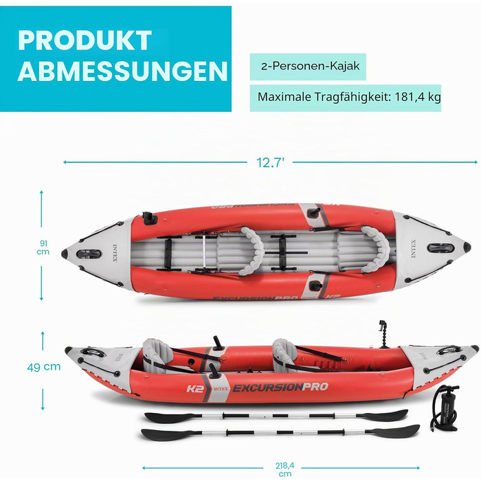 Надувний двомісний каяк INTEX Excursion Pro з веслом 218 см та насосом, SuperTough PVC, з тримачами для вудок та регульованими сидіннями