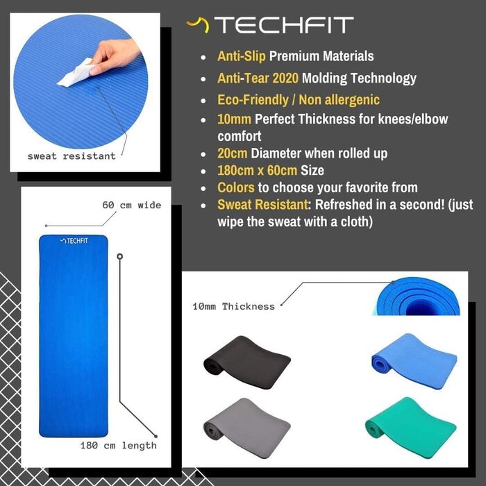 Йога мат TechFit: антиковзаюча, товста (10 мм), для фітнесу, пілатесу, кемпінгу, аеробіки (блакитна)