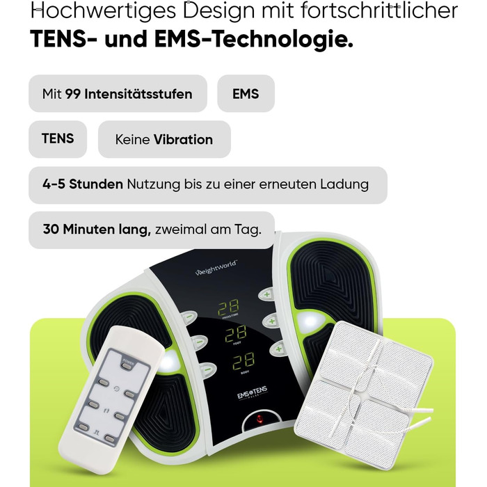 EMS та TENS масажер для ніг WeightWorld, 99 рівнів, електроди, з дистанційним керуванням, зарядка USB