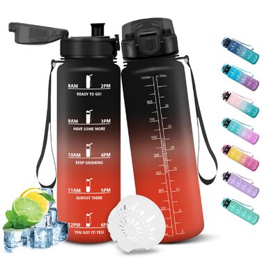 Фляга для води HoneyHolly 1л з фільтром, з маркуванням часу, чорно-червона, для спорту, вело, йоги, активного відпочинку
