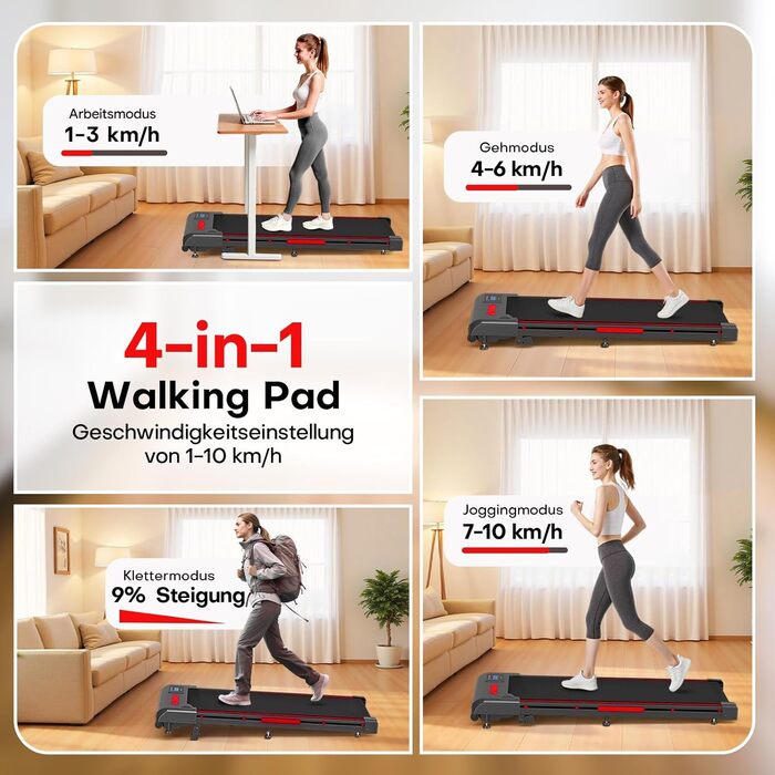 Бігова доріжка Walking Pad для дому з нахилом 9%, швидкість 1-10 км/год, потужність 2.5HP, LED-дисплеєм, дистанційним керуванням та 12 програмами, амортизація, до 150 кг, чорно-червона