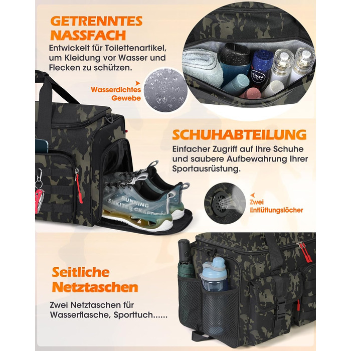 Спортивна сумка RAINSMORE 3-в-1 для чоловіків 45L: рюкзак, сумка-валіза з відділенням для взуття, ноутбука та мокрого одягу, фітнес-сумка, камуфляжний колір