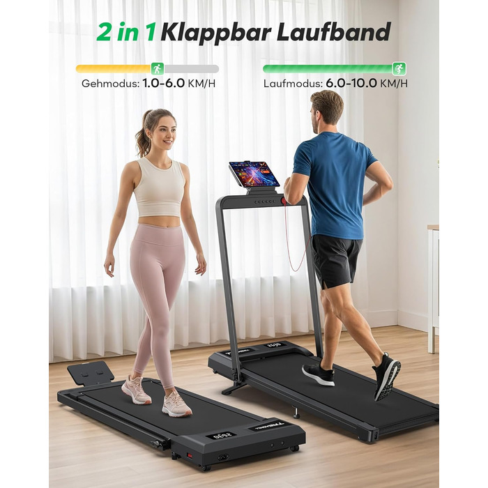 Тренажер для дому 2-в-1 Laufband Klappbar: складаний біговий килимок з нахилом 10%, потужність 3.0PS, LED-дисплей, для дому та офісу, до 145 кг, чорний з ручками