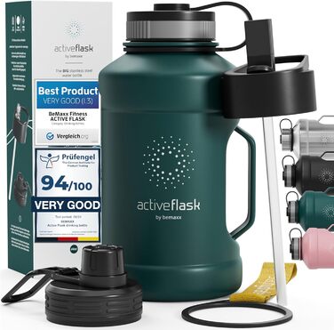 Спортивна пляшка BeMaxx ACTIVE FLASK 1,3 л з нержавіючої сталі, 3 кришки, трубочка, BPA-free, герметична, для води, газованих напоїв, для спорту, фітнесу, туризму