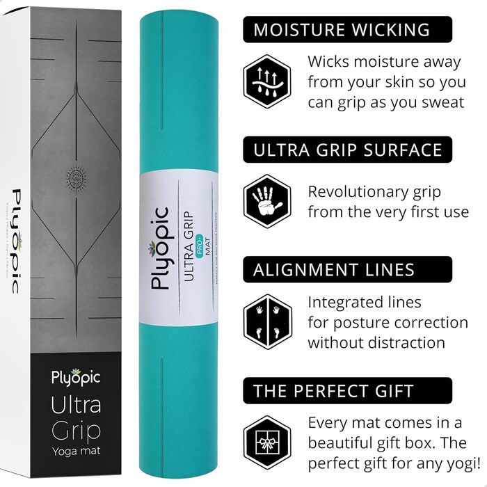 Йога-мат Plyopic Ultra-Grip Pro+ з розміткою, антиковзкий, комфортний, стійкий до поту, для йоги, пілатесу, бікрам та хот-йоги