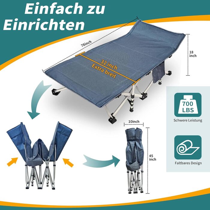 Кемпінгове ліжко з матрацом, розкладне, для відпочинку на природі та вдома, 200 кг, сіре