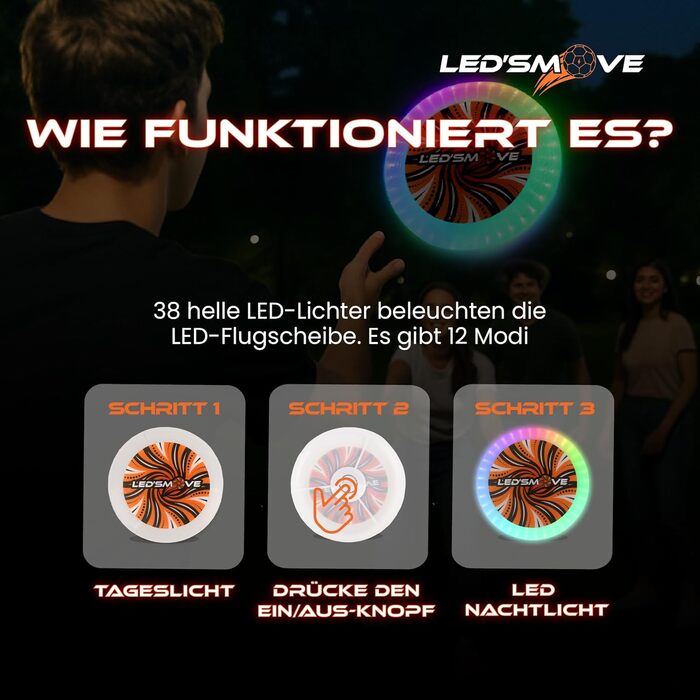 Світлодіодний фрісбі LED'S MOVE з RGB підсвіткою 25 см, USB-C, водонепроникний, для активного відпочинку