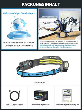 Ліхтар на лоб Smiling Shark TS-2, LED, акумуляторний, 2400mAh, з регульованим двома променями, стробоскопом та датчиком руху. Ідеально для кемпінгу, бігу, походів та інших активностей. (1 шт.)