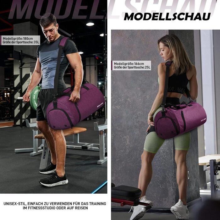 Спортивна сумка для жінок і чоловіків 35 л, дорожня сумка Duffel з відділенням для взуття та вологих речей, водонепроникна ручна поклажа для спортзалу, плавання, фіолетова