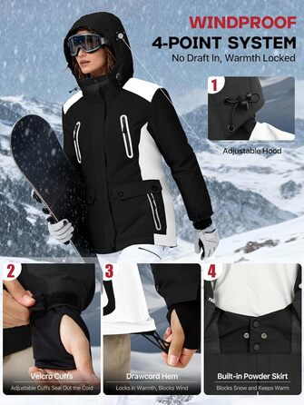 Водонепроникна жіноча зимова куртка FREE SODIER з флісовою підкладкою та капюшоном, Ginger Yeow (M, чорний/білий)