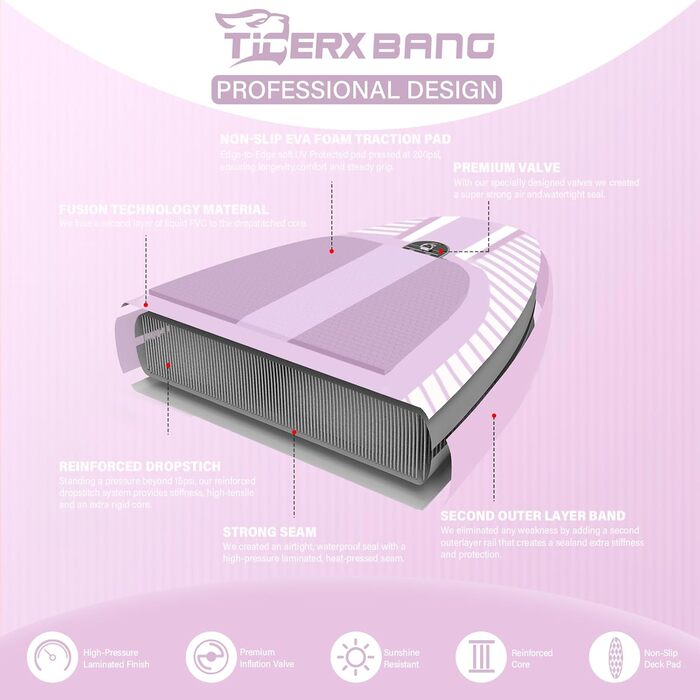 SUP дошка TIGERXBANG надувна, 335x86x15 см, фіолетова Shadow – для дорослих, з комплектом аксесуарів