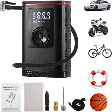 Hancaner електричний компресор-насос 6000mAh, 150 PSI, з великим дисплеєм і ліхтарем для авто, мотоцикла, велосипеда, м'ячів, 50 см шланг