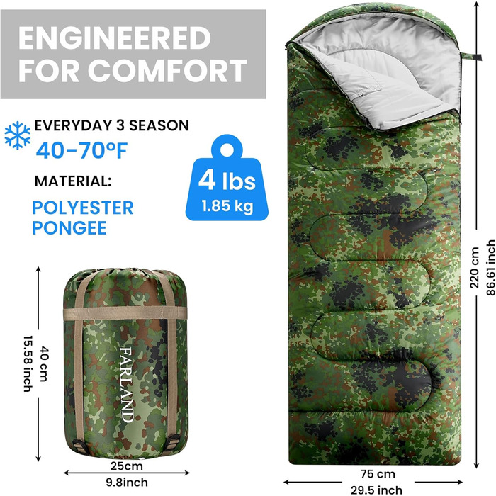 Спальний мішок FARLAND для дорослих, підлітків та дітей, до 6.7°C, 3-4 сезони, водонепроникний, з компресійним мішком, для кемпінгу, трекінгу та подорожей, розмір Medium (87'x 29.5')
