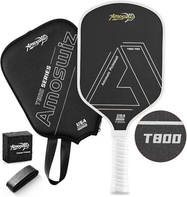 Ракетка для піклболу Amoswiz з карбону, 16 мм, T800 термоформована, для обертання, сили та контролю, з чохлом та ластиком, подарунок для професіоналів та середнього рівня