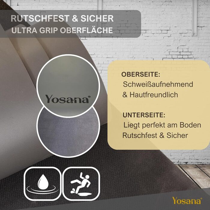 Йога мат Yosana з натурального каучуку | надзвичайно неслизька | поверхня ULTRA GRIP з ECO PU | широка 68 см | з ремінцем для перенесення | мат для йоги 183x68 см | 4 мм товщина | чорний Лев (сірий)