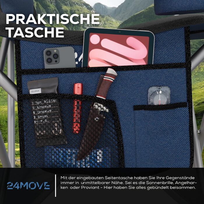 Крісло для кемпінгу 24MOVE® складне, до 150 кг, з підлокітниками, кишенею для напоїв та сумкою, блакитне