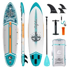 SUP дошка COOLCAA 355 см надувна, широка 86 см, для риболовлі, з аксесуарами та сумкою, вантажопідйомність 222 кг