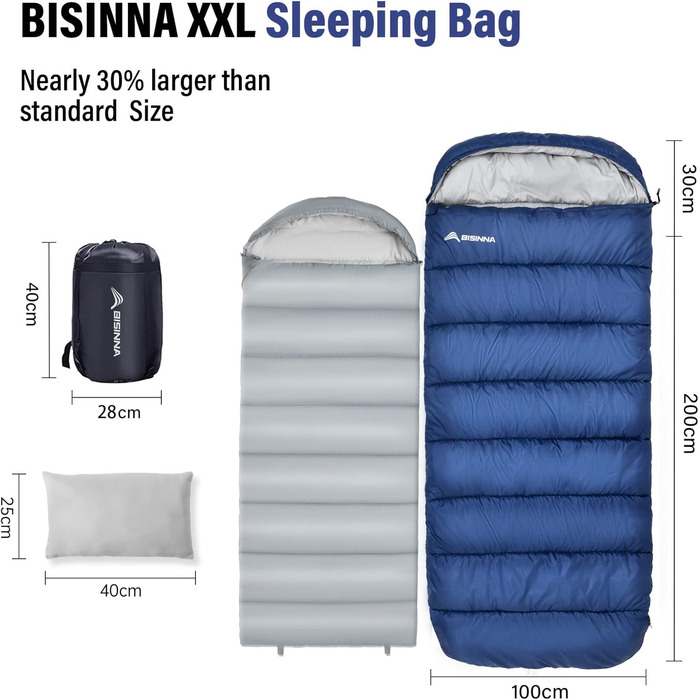 Спальний мішок BISINNA XXL для великих дорослих, 3-4 сезонний, зимовий, теплий, ковдровий, для кемпінгу, великий розмір, синій, ліва блискавка, 2.5 кг