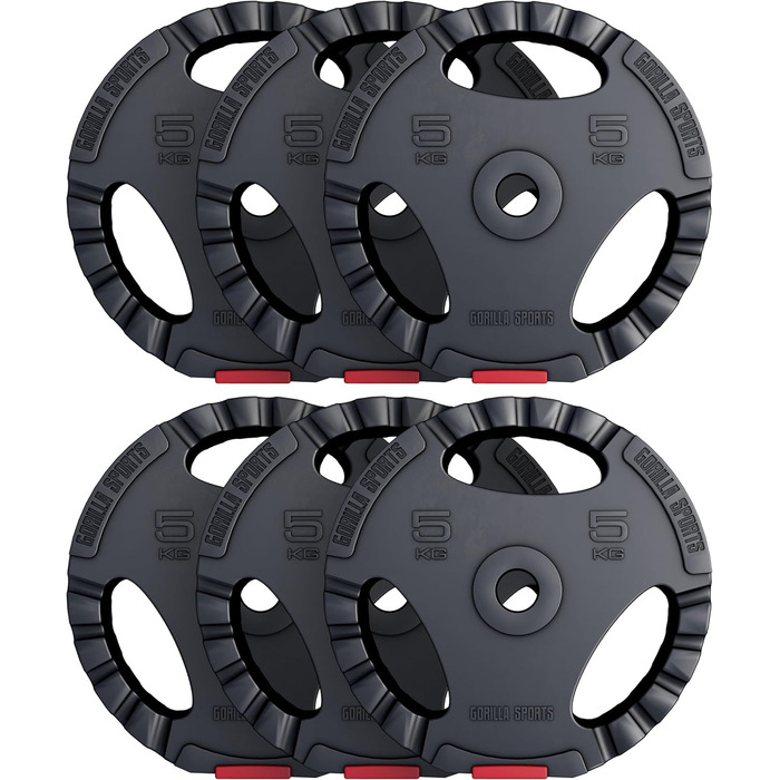 Диски для гантелей GORILLA SPORTS, набір 30 кг (6x5 кг), пластикові, зручні ручки, отвір 30/31 мм, для штанги та гантелей