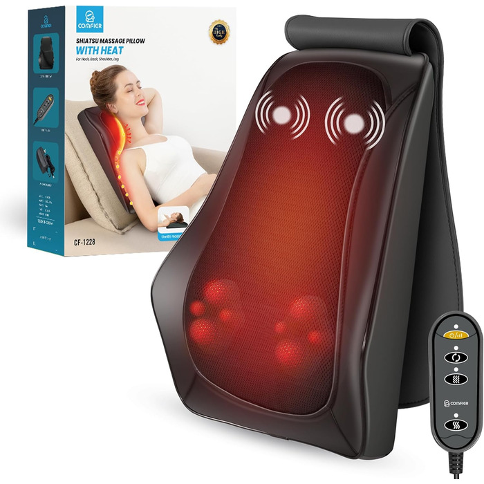 Подушка для масажу шиї COMFIER Shiatsu з підігрівом, 3D масажер для спини та шиї, масажна подушка для офісного крісла, подарунок для чоловіків і жінок, темна