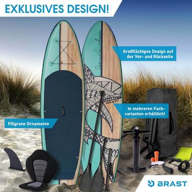 Надувний SUP Board BRAST Retro | Комплект для станд-ап паддлбордингу | 320x81x15 см | 3 моделі | 5 років гарантії | з аксесуарами | 2в1: SUP board та каяк | Action-Cam, петля для ніг, насос, рюкзак | Колір: NATURAL