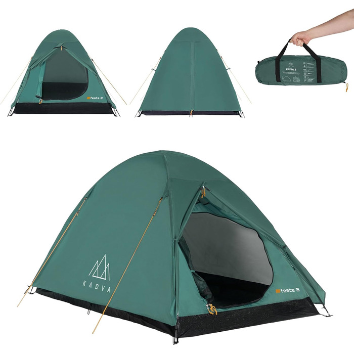 Намет KADVA для кемпінгу Festa 2, 200x120x105 см, на 2 особи, з москітною сіткою, водонепроникний, легкий, міцний, з каркасом з фібергласу, для кемпінгу та піших прогулянок, зелений