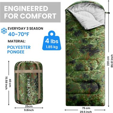 Спальний мішок FARLAND для дорослих, підлітків та дітей, до 6.7°C, 3-4 сезони, водонепроникний, з компресійним мішком, для кемпінгу, трекінгу та подорожей, розмір Medium (87'x 29.5')