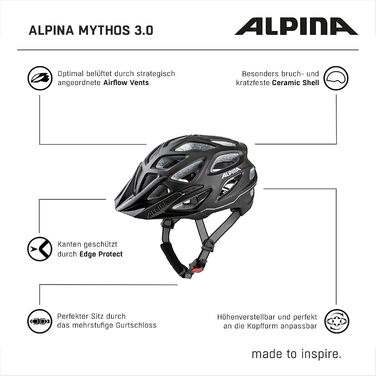 Велошолом Alpina Mythos 3.0 для дорослих, легкий, з вентиляцією та антибактеріальними подушками