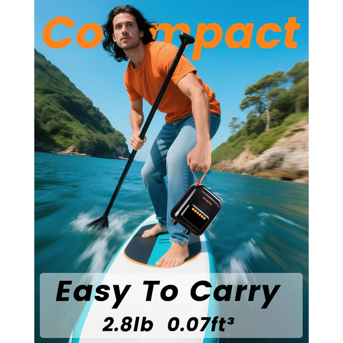 Електричний насос для SUP дошки з акумулятором та ліхтарем, 20 PSI, 12V/USB-C, 7 насадок, для SUP, човнів, матраців, басейнів
