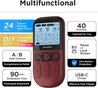 Пристрій 4-в-1 для домашнього використання EMS, масажер для стимуляції м'язів та нервів, терапевтичний апарат TENS з двома каналами для зняття болю, схвалений FDA, з 12 електродних подушечок (червоний)