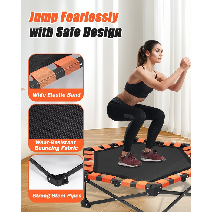 Складаний батут для дому, 130 кг, чорний | Фітнес-батут для дітей та дорослих з регульованою ручкою